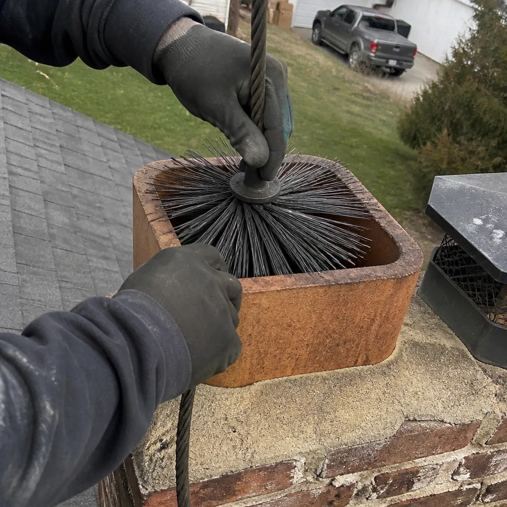 Professional chimney sweep cleaning a fireplace flue from the roof