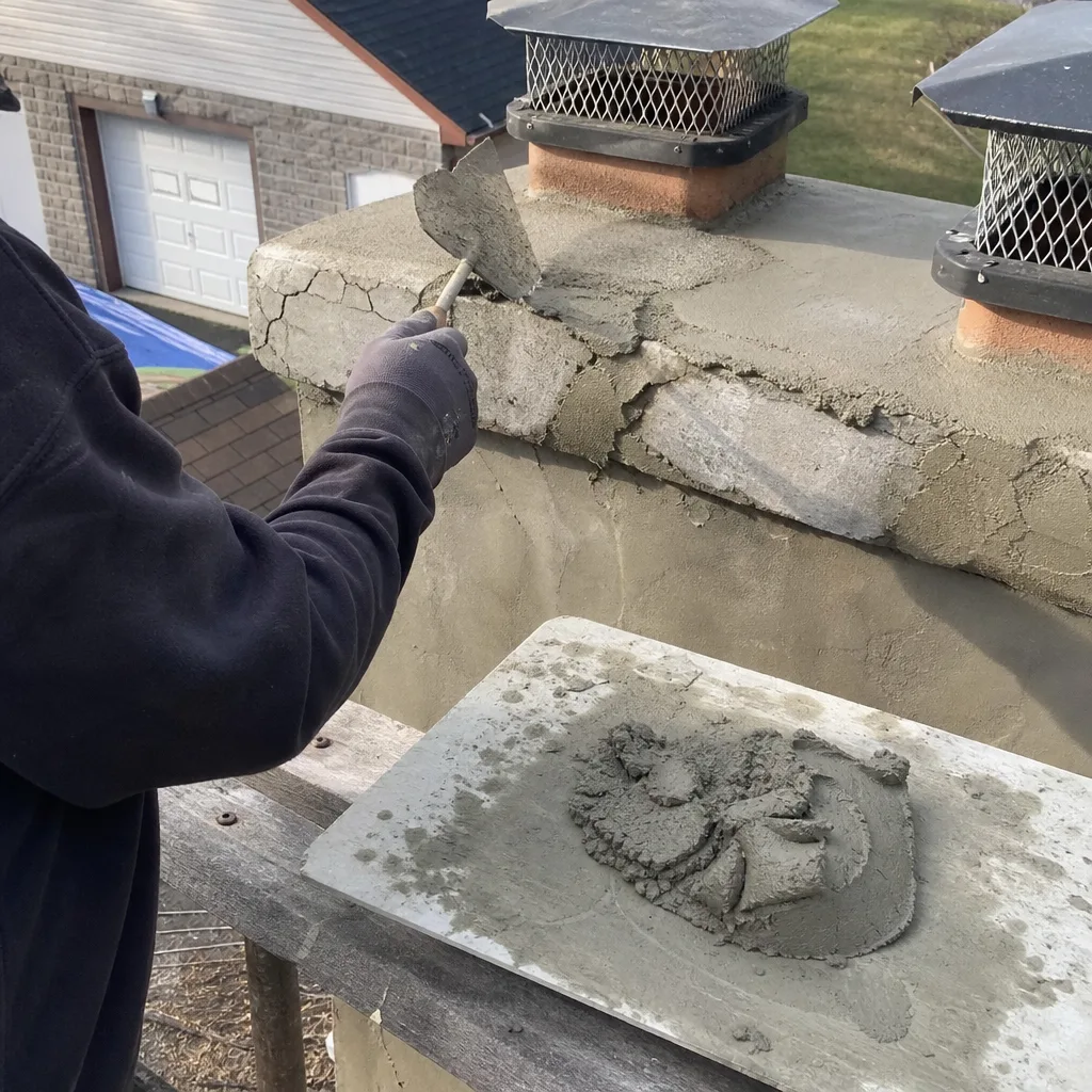 professional chimney repair technician applying fresh mortar to a brick chimney crown