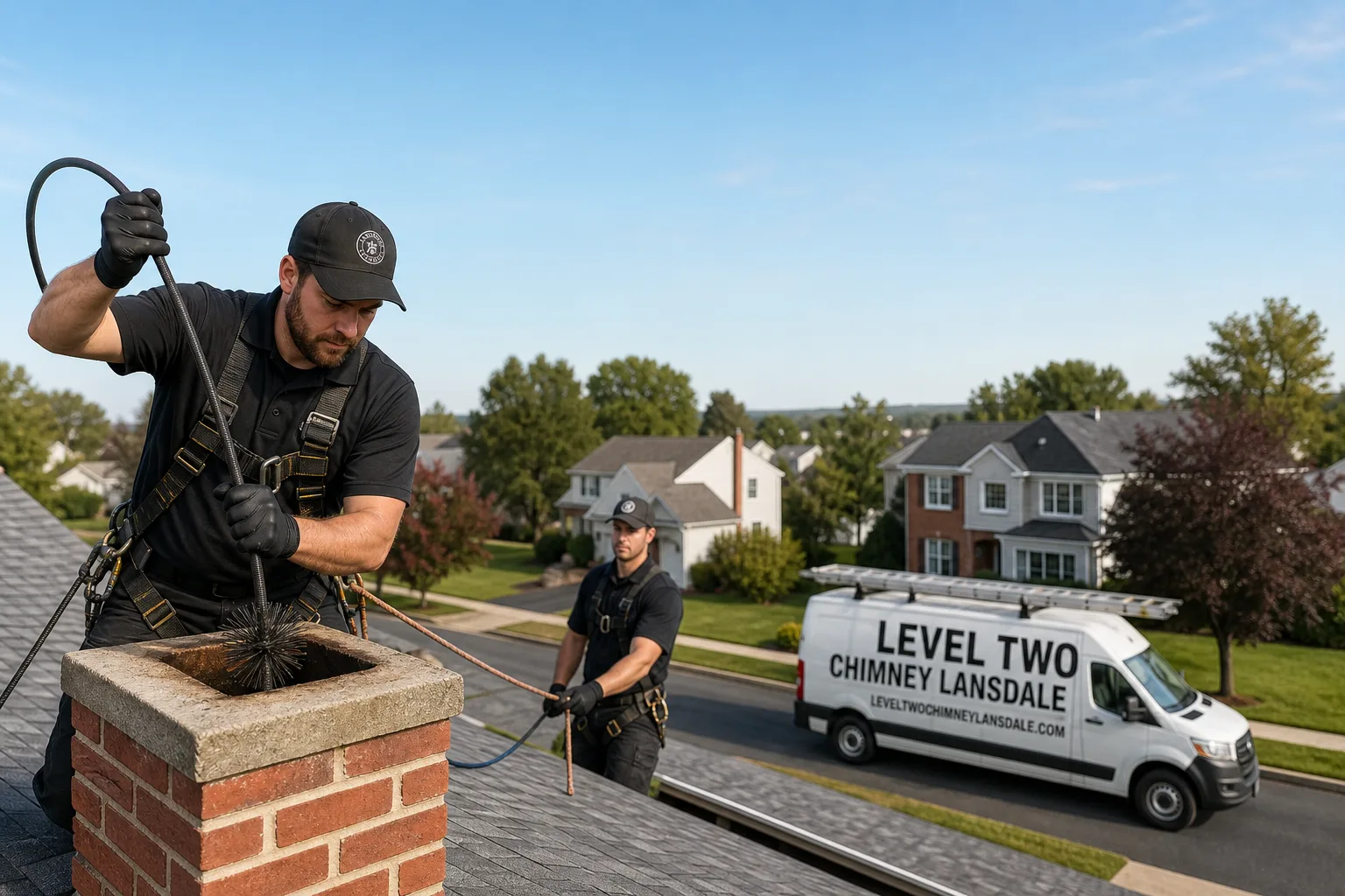Level Two Chimney Lansdale chimney cleaning service vehicle and crew in Lansdale, PA